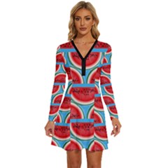 Illustrations Watermelon Texture Pattern Long Sleeve Deep V Mini Dress 