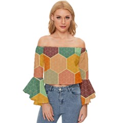 Abstract Hex Hexagon Grid Pattern Honeycomb Off Shoulder Flutter Bell Sleeve Top