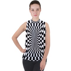 Optical-illusion-chessboard-tunnel Mock Neck Chiffon Sleeveless Top by Bedest