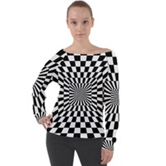 Optical-illusion-chessboard-tunnel Off Shoulder Long Sleeve Velour Top by Bedest