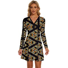 Pattern Stained Glass Triangles Long Sleeve Deep V Mini Dress 