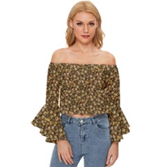 Floral Fusion Print Off Shoulder Flutter Bell Sleeve Top