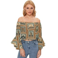 Retro Postage Seamless Pattern Off Shoulder Flutter Bell Sleeve Top