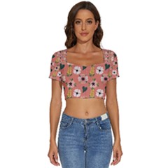 Flower Pink Brown Pattern Floral Short Sleeve Square Neckline Crop Top 