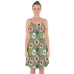 Flower Green Pink Pattern Floral Ruffle Detail Chiffon Dress