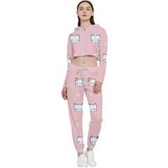 Cute Cat Cartoon Doodle Seamless Pink Pattern Cropped Zip Up Lounge Set by Grandong