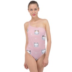 Cute Cat Cartoon Doodle Seamless Pink Pattern Classic One Shoulder Swimsuit