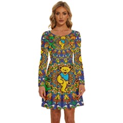 Dead Dancing Bears Grateful Dead Pattern Long Sleeve Wide Neck Velvet Dress by Grandong