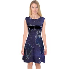 Blue World Map Starry Night Sky World Map Concept Art Capsleeve Midi Dress by Loisa77