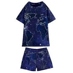 Blue World Map Starry Night Sky World Map Concept Art Kids  Swim T-shirt And Shorts Set by Loisa77