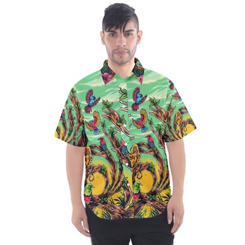 Monkey Tiger Bird Parrot Forest Jungle Style Men s Short Sleeve Shirt by Grandong