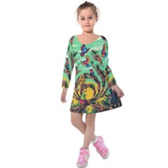 Monkey Tiger Bird Parrot Forest Jungle Style Kids  Long Sleeve Velvet Dress by Grandong