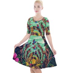 Monkey Tiger Bird Parrot Forest Jungle Style Quarter Sleeve A-line Dress With Pockets by Grandong