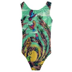 Monkey Tiger Bird Parrot Forest Jungle Style Kids  Cut-out Back One Piece Swimsuit