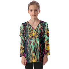 Monkey Tiger Bird Parrot Forest Jungle Style Kids  V Neck Casual Top by Grandong