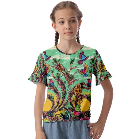 Monkey Tiger Bird Parrot Forest Jungle Style Kids  Cuff Sleeve Scrunch Bottom T-shirt by Grandong