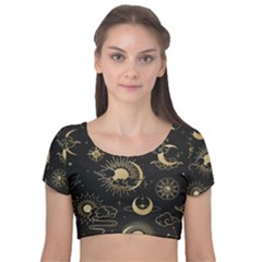 Asian Seamless Pattern With Clouds Moon Sun Stars Vector Collection Oriental Chinese Japanese Korean Velvet Short Sleeve Crop Top  by Grandong