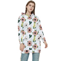 Flower White Pattern Floral Women s Long Oversized Pullover Hoodie