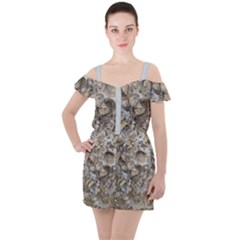 Fossilized Seashell Texture Print Design Bk Ruffle Cut Out Chiffon Playsuit