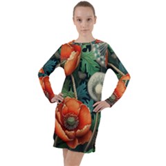 Flower Poppies Long Sleeve Hoodie Dress