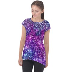 Purple Violet Glitter Galaxy Nebula Space Pattern Cap Sleeve High Low Top by Perong