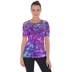 Purple Violet Glitter Galaxy Nebula Space Pattern Shoulder Cut Out Short Sleeve Top by Perong