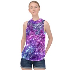 Purple Violet Glitter Galaxy Nebula Space Pattern High Neck Satin Top by Perong