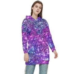 Purple Violet Glitter Galaxy Nebula Space Pattern Women s Long Oversized Pullover Hoodie