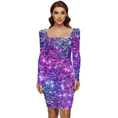 Purple Violet Glitter Galaxy Nebula Space Pattern Women Long Sleeve Ruched Stretch Jersey Dress