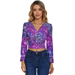 Purple Violet Glitter Galaxy Nebula Space Pattern Long Sleeve V-neck Top by Perong