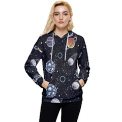 Glittering Planets Space Galaxy Glitter Black Women s Lightweight Drawstring Hoodie