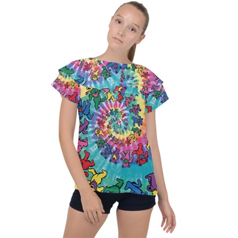 Tie Dye Grateful Dead Bears Ruffle Collar Chiffon Blouse by Perong