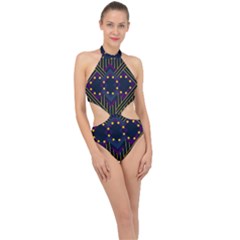 Line Square Pattern Violet Blue Yellow Design Halter Side Cut Swimsuit