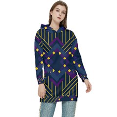 Line Square Pattern Violet Blue Yellow Design Women s Long Oversized Pullover Hoodie by Ravend