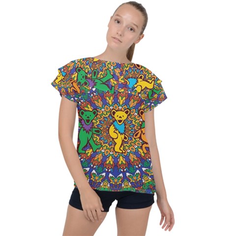 Dead Dancing Bears Grateful Dead Pattern Ruffle Collar Chiffon Blouse by Grandong