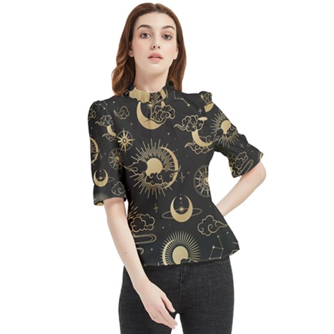 Asian Seamless Pattern With Clouds Moon Sun Stars Vector Collection Oriental Chinese Japanese Korean Frill Neck Blouse by Grandong