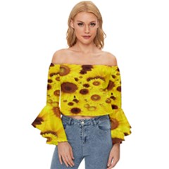 Beautiful Sunflowers Off Shoulder Flutter Bell Sleeve Top