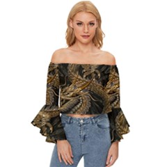 Fantasy Dragon Pentagram Off Shoulder Flutter Bell Sleeve Top