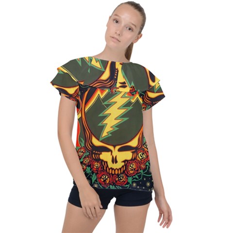 Grateful Dead Steal Your Face Deadhead Hippie Logo Music Ruffle Collar Chiffon Blouse by Perong