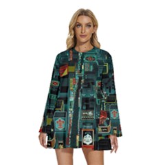 Art Cityscape Japanese Round Neck Long Sleeve Bohemian Style Chiffon Mini Dress by Perong