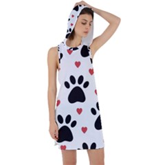 Dog Paw Vector Seamless Pattern With Hearts Racer Back Hoodie Dress by Perong