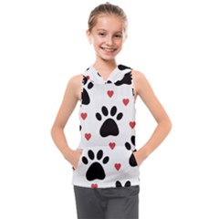 Dog Paw Vector Seamless Pattern With Hearts Kids  Sleeveless Hoodie by Perong