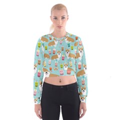 Corgi Boba Tea Bubble Tea Kawaii Food Welsh Corgis Dog Pattern Cropped Sweatshirt by Perong