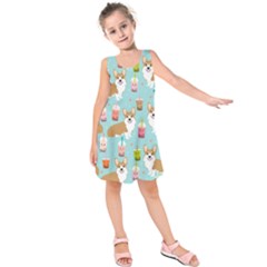 Corgi Boba Tea Bubble Tea Kawaii Food Welsh Corgis Dog Pattern Kids  Sleeveless Dress by Perong