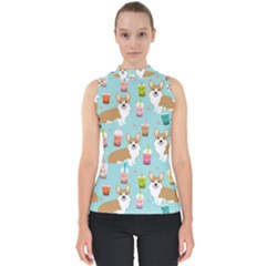 Corgi Boba Tea Bubble Tea Kawaii Food Welsh Corgis Dog Pattern Mock Neck Shell Top by Perong