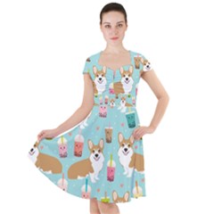 Corgi Boba Tea Bubble Tea Kawaii Food Welsh Corgis Dog Pattern Cap Sleeve Midi Dress by Perong