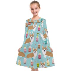 Corgi Boba Tea Bubble Tea Kawaii Food Welsh Corgis Dog Pattern Kids  Midi Sailor Dress by Perong