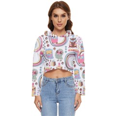 Cute Owl Bird Animal Pattern Women s Lightweight Cropped Hoodie by Perong