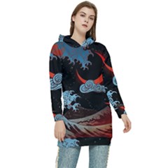 Night In The Ocean Red Waves Art Moon Dark Japanese Wave Women s Long Oversized Pullover Hoodie