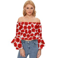 Flower Poppies Plant Petal Off Shoulder Flutter Bell Sleeve Top